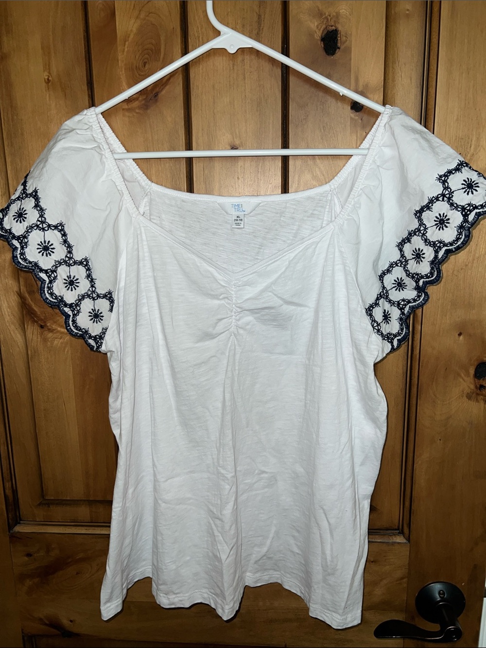 Time and Tru White Top with Black Embroidered Flutter Sleeves